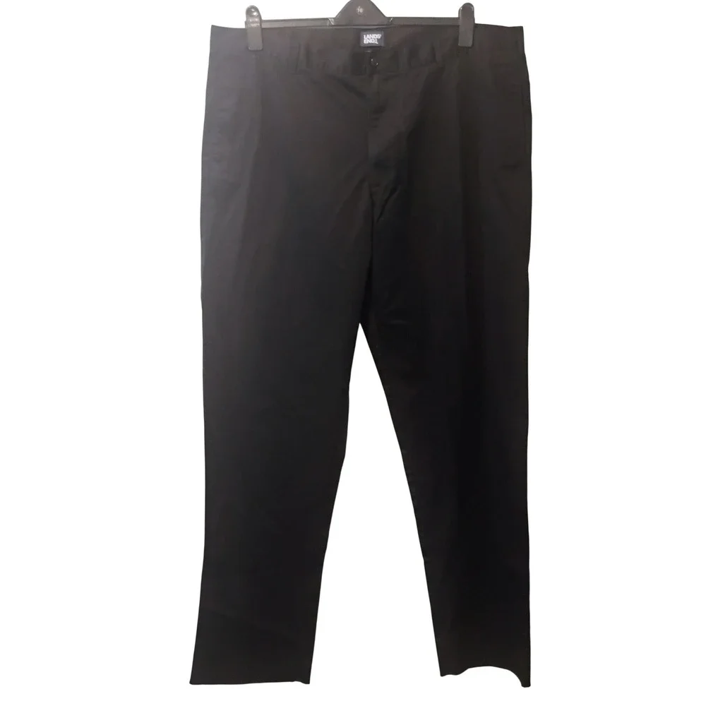 Lands End Mens Black Chino Pants Flat Front Straight Leg Size 44 Unhemmed